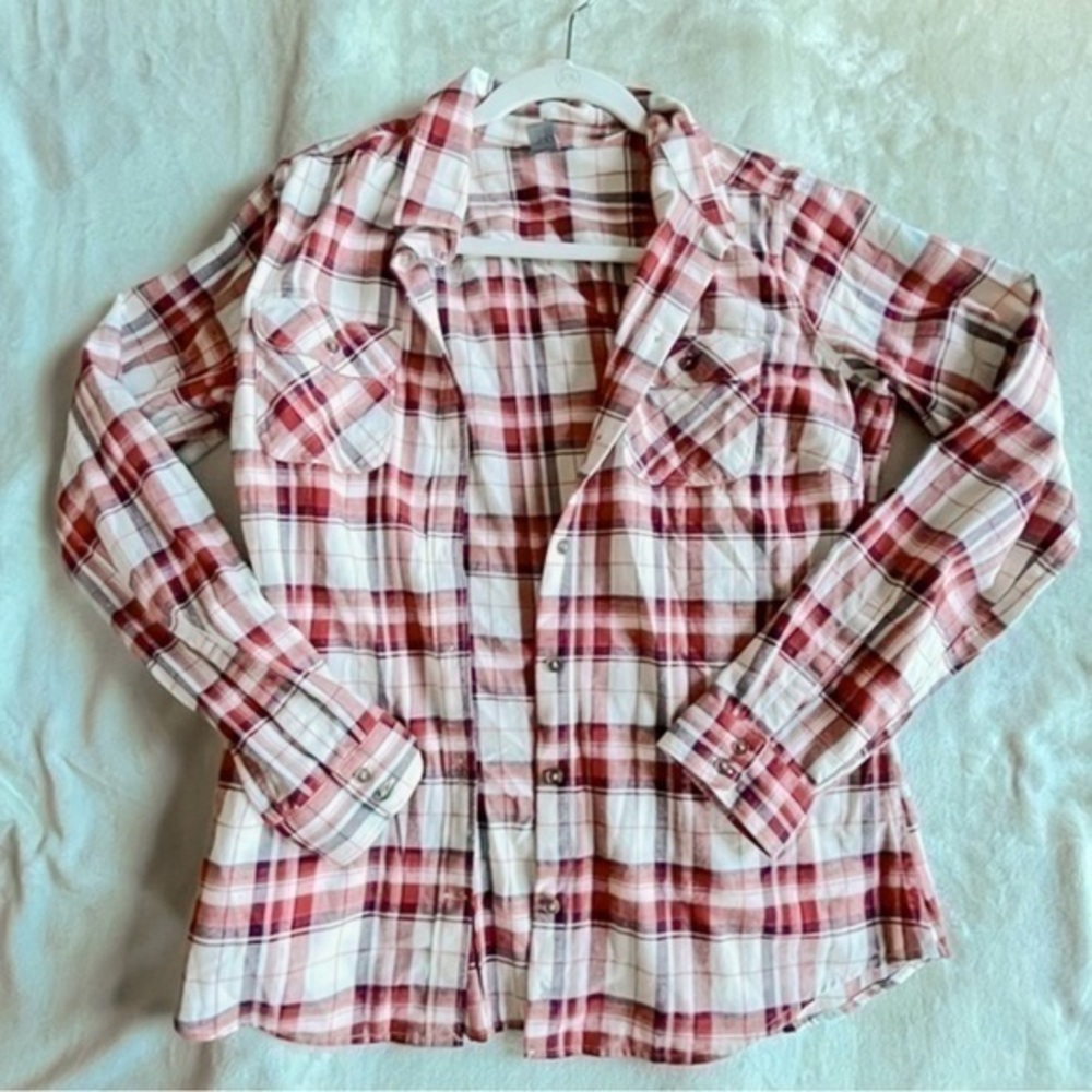 Eddie Bauer Red & White Flannel Button Down Shirt